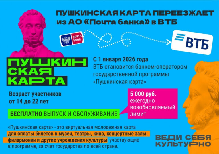 Владельцам «Пушкинской карты» необходимо получить новую карту ВТБ до нового года